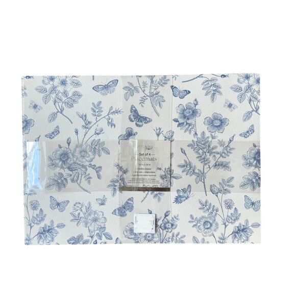 Mint & Ivy Faux Leather Placemats 13x18 Blue & White Floral Butterfly Set of 4 - Picture 5 of 10